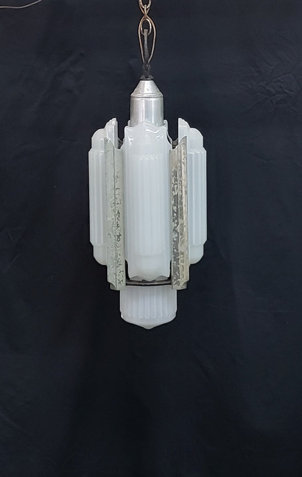 Rare Art Deco Slip Shade Pendant Light with Chrome Trim Ceiling Cap & Chain #GA9105