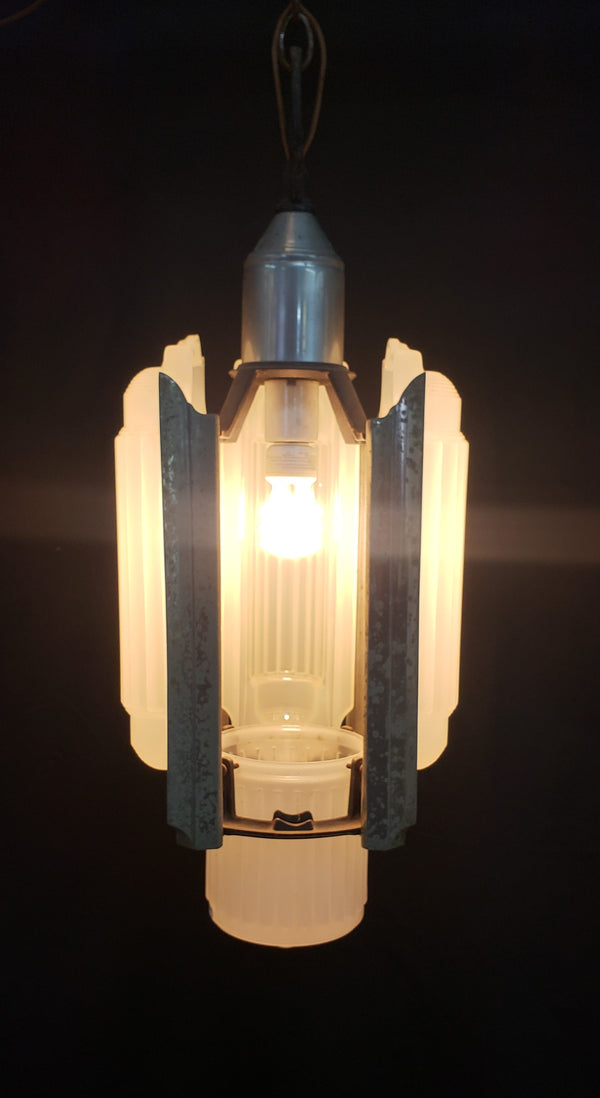 Rare Art Deco Slip Shade Pendant Light with Chrome Trim Ceiling Cap & Chain #GA9105