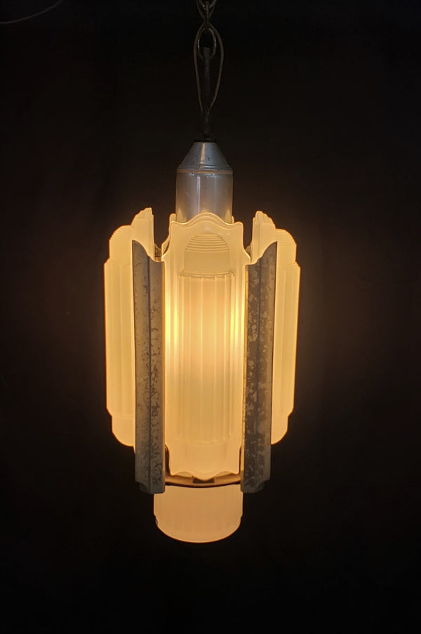 Rare Art Deco Slip Shade Pendant Light with Chrome Trim Ceiling Cap & Chain #GA9105
