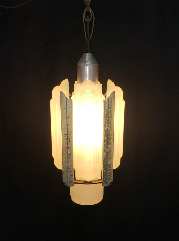 Rare Art Deco Slip Shade Pendant Light with Chrome Trim Ceiling Cap & Chain #GA9105