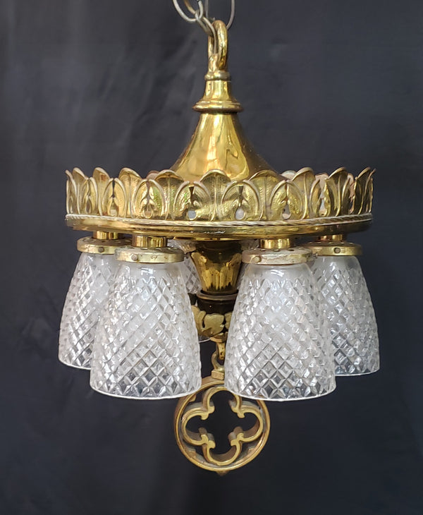 6 Light Ornate Brass Chandelier with Diamond Patterned Shades #GA9106