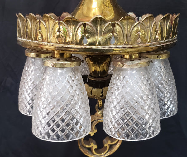 6 Light Ornate Brass Chandelier with Diamond Patterned Shades #GA9106