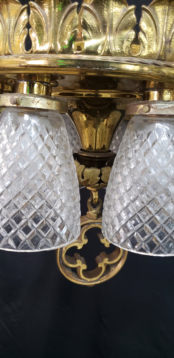 6 Light Ornate Brass Chandelier with Diamond Patterned Shades #GA9106