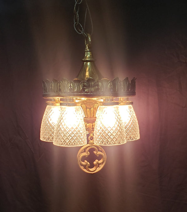 6 Light Ornate Brass Chandelier with Diamond Patterned Shades #GA9106