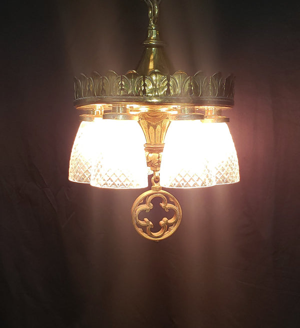 6 Light Ornate Brass Chandelier with Diamond Patterned Shades #GA9106