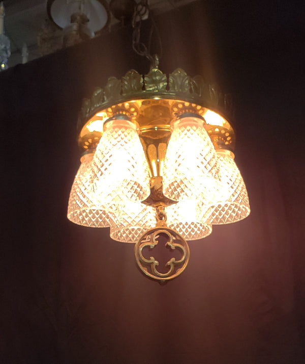 6 Light Ornate Brass Chandelier with Diamond Patterned Shades #GA9106