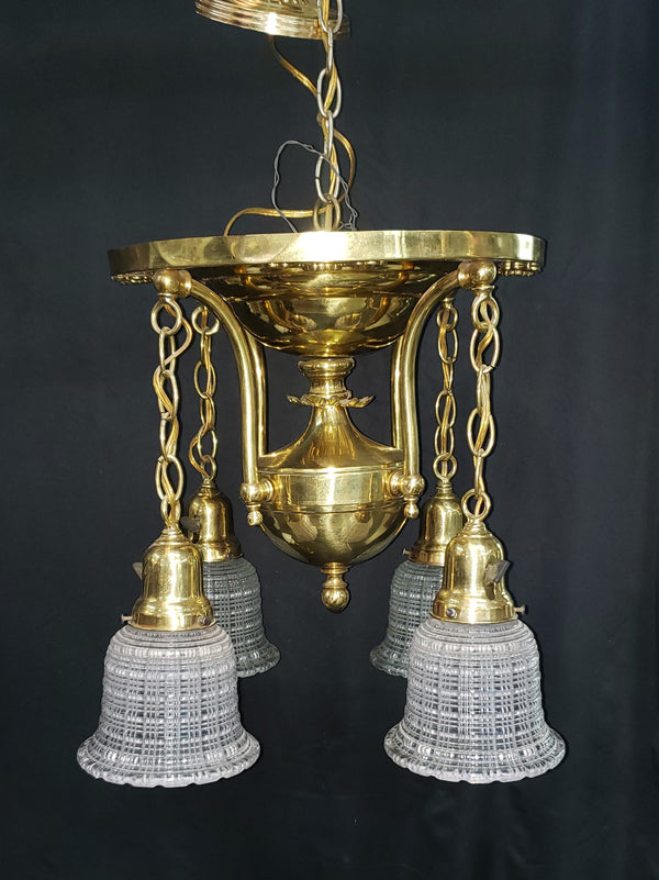 4 Light Brass Pan Chandelier with Dimmable Lights & Halophane Glass Shades #GA9112