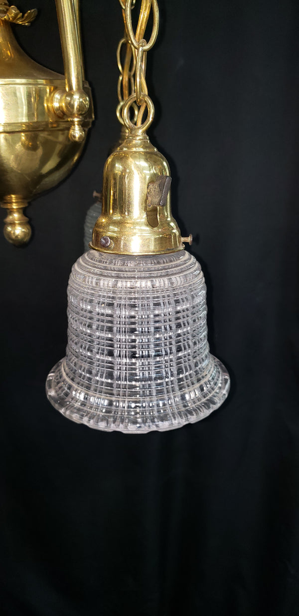 4 Light Brass Pan Chandelier with Dimmable Lights & Halophane Glass Shades #GA9112