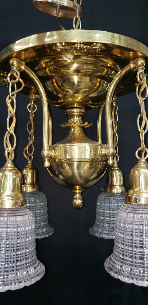 4 Light Brass Pan Chandelier with Dimmable Lights & Halophane Glass Shades #GA9112