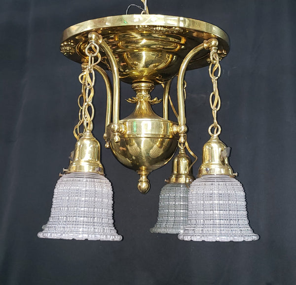 4 Light Brass Pan Chandelier with Dimmable Lights & Halophane Glass Shades #GA9112