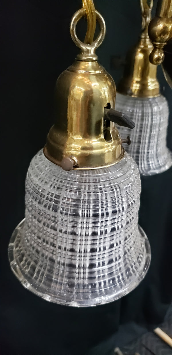 4 Light Brass Pan Chandelier with Dimmable Lights & Halophane Glass Shades #GA9112