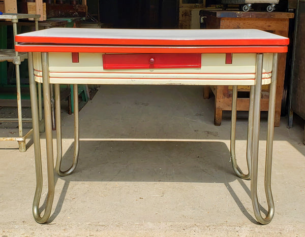 Mid Century Modern White & Red Porcelain Top Draw Table #GA9116
