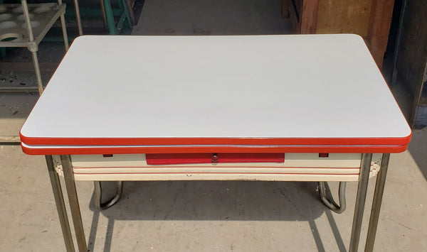 Mid Century Modern White & Red Porcelain Top Draw Table #GA9116