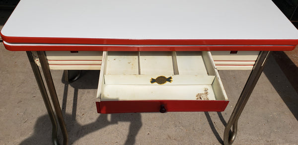Mid Century Modern White & Red Porcelain Top Draw Table #GA9116
