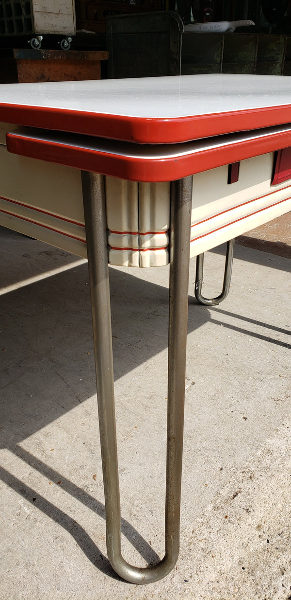Mid Century Modern White & Red Porcelain Top Draw Table #GA9116