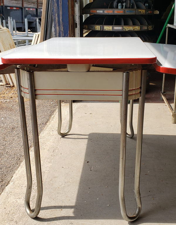 Mid Century Modern White & Red Porcelain Top Draw Table #GA9116