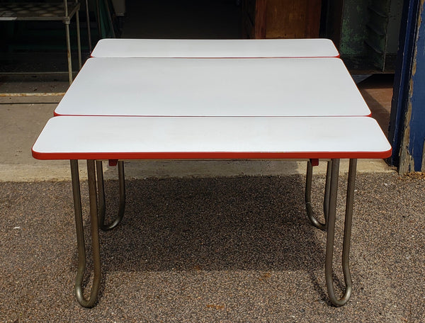Mid Century Modern White & Red Porcelain Top Draw Table #GA9116