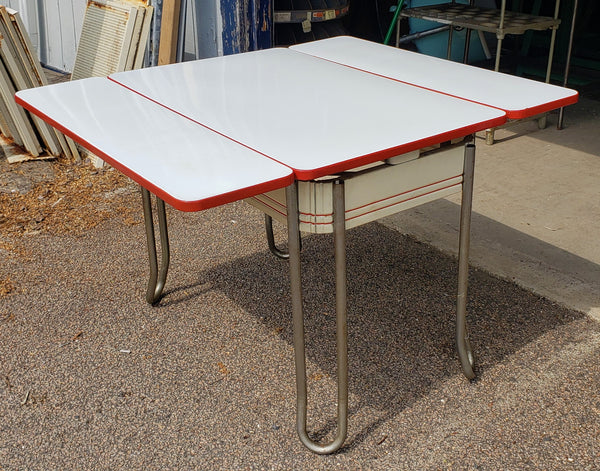 Mid Century Modern White & Red Porcelain Top Draw Table #GA9116