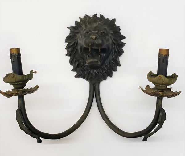 Unique 2 Light Cast Brass Lion's Head Wall Sconce #GA53