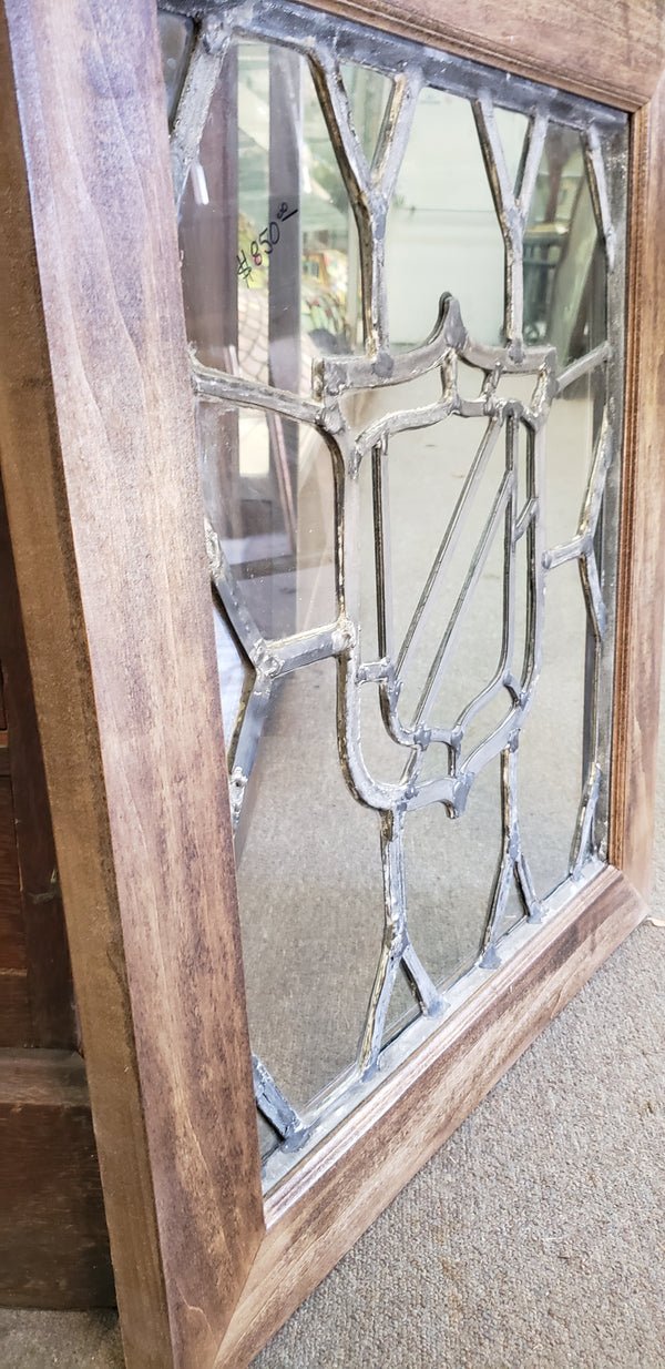 Leaded Glass Window with Center Heraldic Crest Design in Stained Wood Frame #GA9124