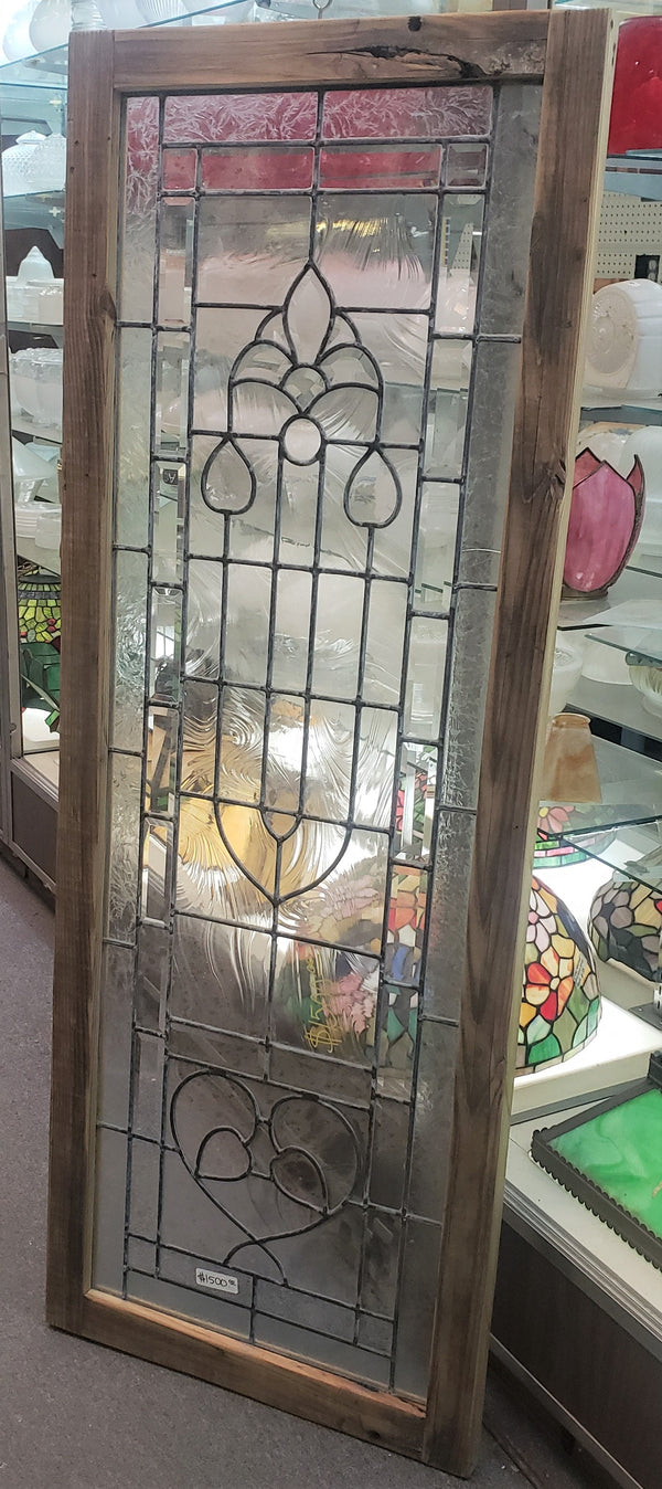 Art Nouveau Textured Beveled Leaded Glass Window in Wood Frame #GA9128
