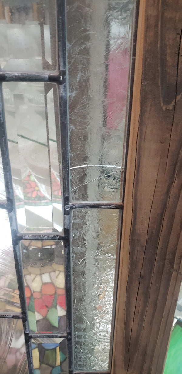 Art Nouveau Textured Beveled Leaded Glass Window in Wood Frame #GA9128