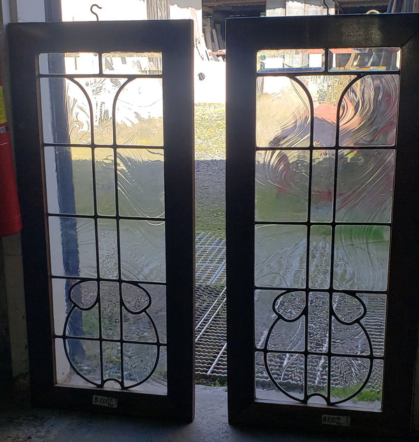 Pair of Textured Leaded Glass Windows in Wood Frames #GA9130