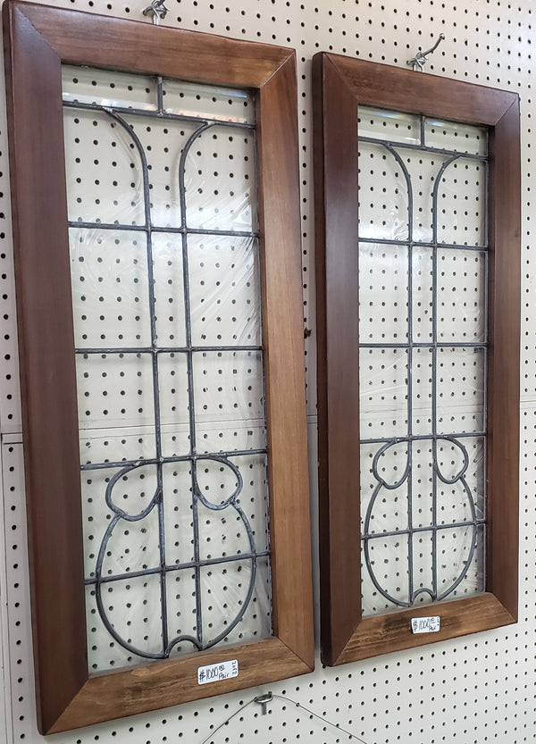 Pair of Textured Leaded Glass Windows in Wood Frames #GA9130
