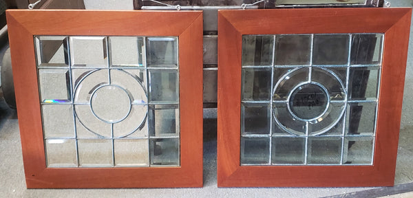 Pair of Beveled Leaded Glass Windows with Center Circle Design in Wood Frames #GA9133