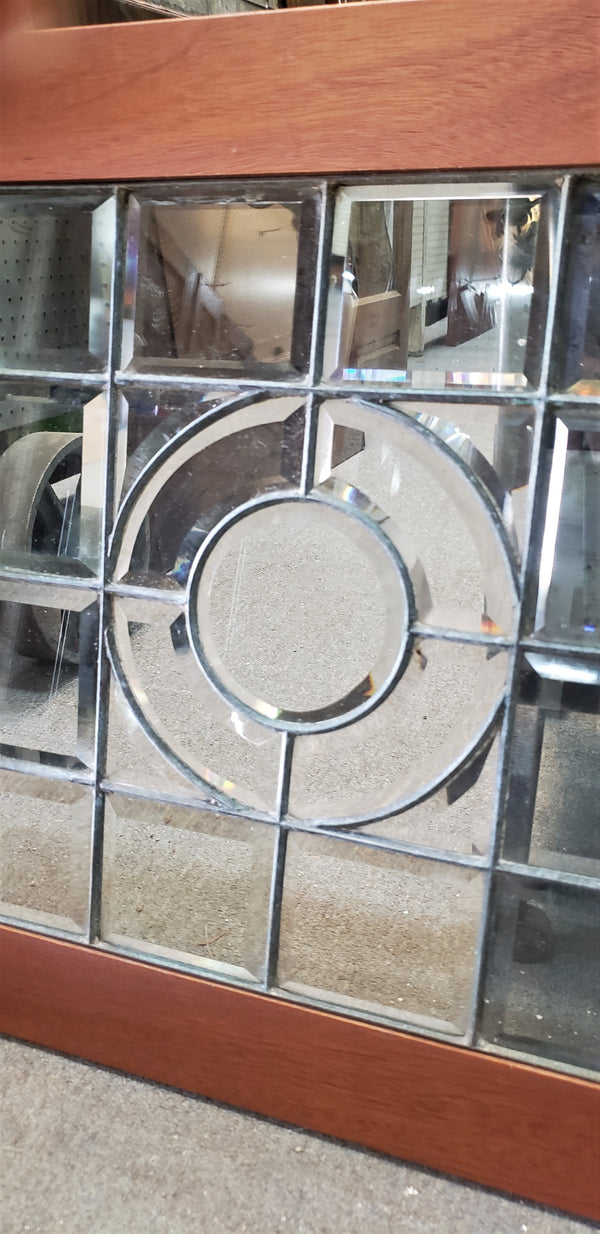 Pair of Beveled Leaded Glass Windows with Center Circle Design in Wood Frames #GA9133