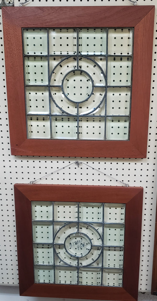 Pair of Beveled Leaded Glass Windows with Center Circle Design in Wood Frames #GA9133