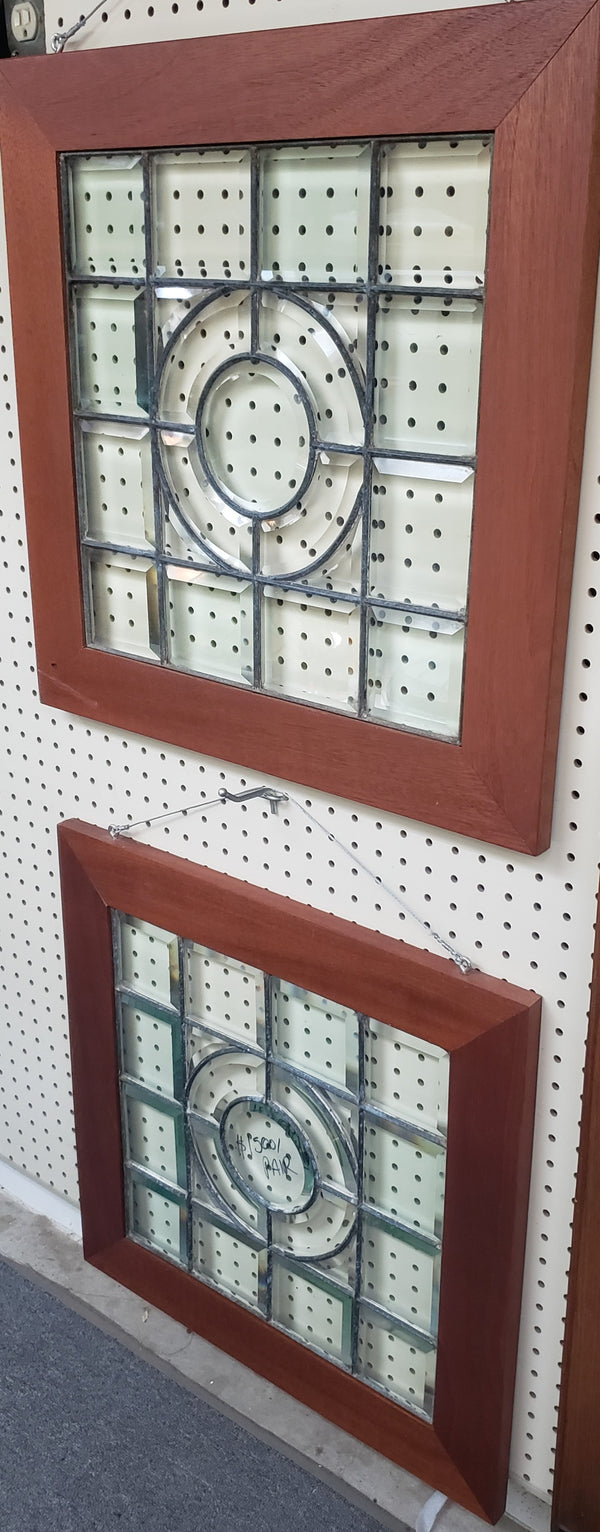 Pair of Beveled Leaded Glass Windows with Center Circle Design in Wood Frames #GA9133