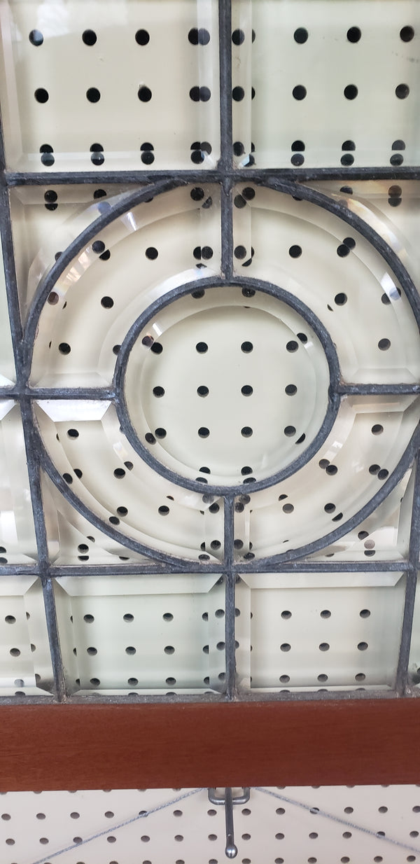 Pair of Beveled Leaded Glass Windows with Center Circle Design in Wood Frames #GA9133