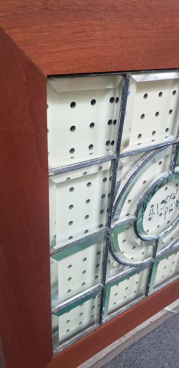 Pair of Beveled Leaded Glass Windows with Center Circle Design in Wood Frames #GA9133