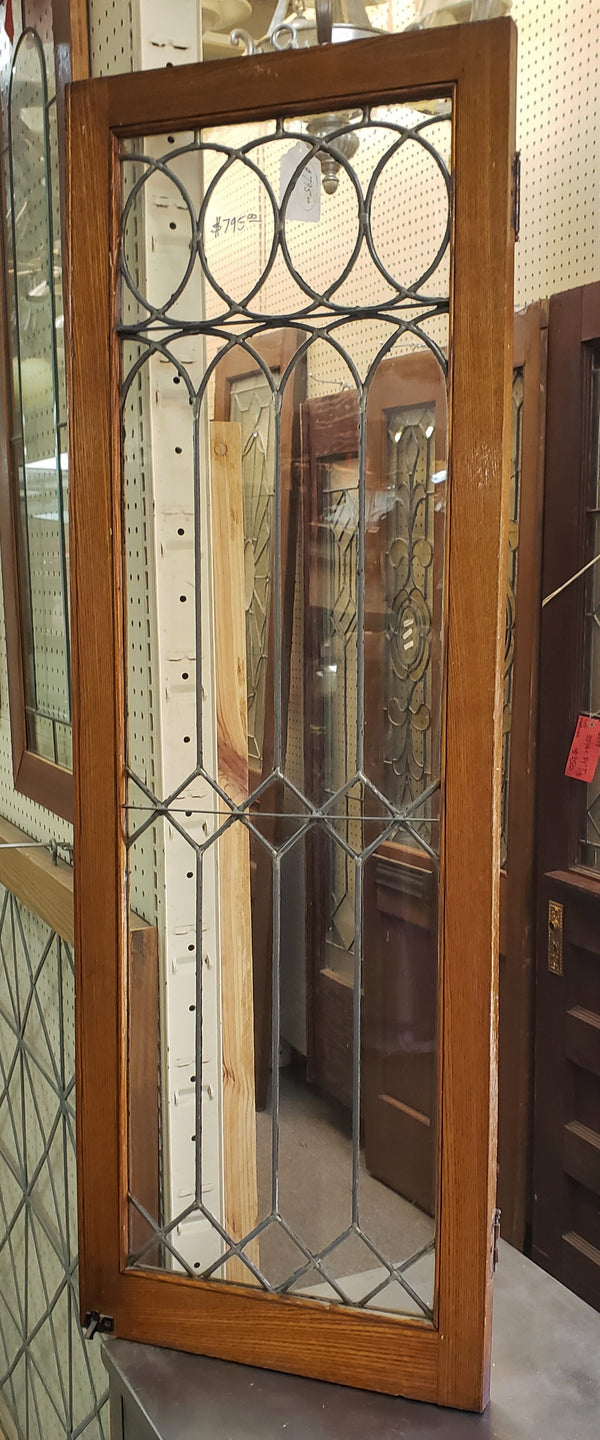 Antique Leaded Wavy Glass Cabinet Door Window in Wood Frame #GA9134