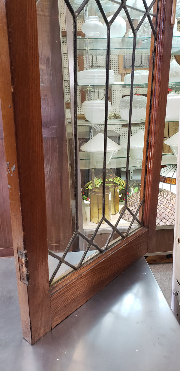 Antique Leaded Wavy Glass Cabinet Door Window in Wood Frame #GA9134
