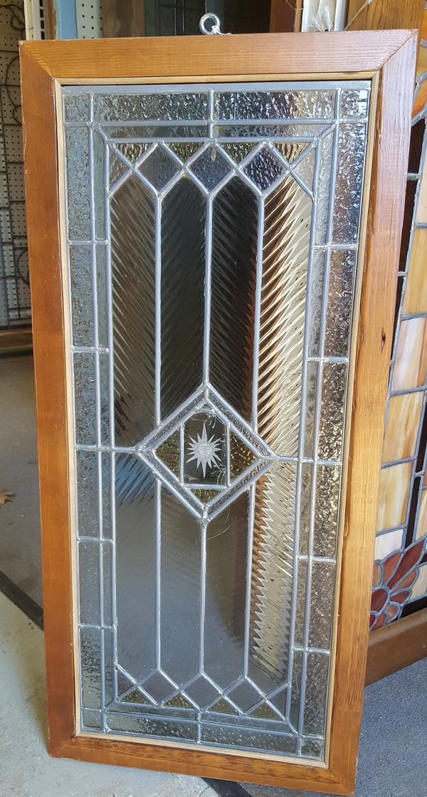 Geometric Textured Leaded Glass Window w/ Starburst Center in Wood Frame #GA9135