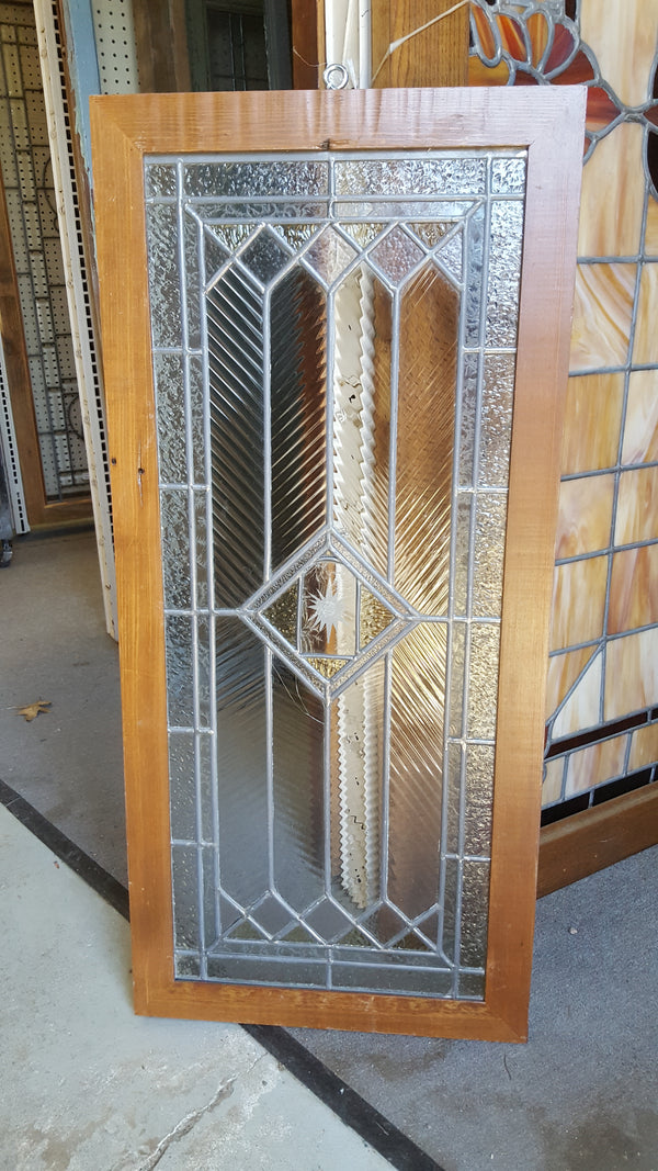 Geometric Textured Leaded Glass Window w/ Starburst Center in Wood Frame #GA9135