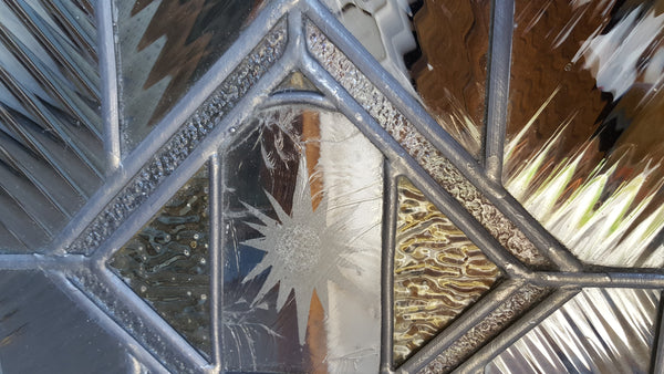 Geometric Textured Leaded Glass Window w/ Starburst Center in Wood Frame #GA9135