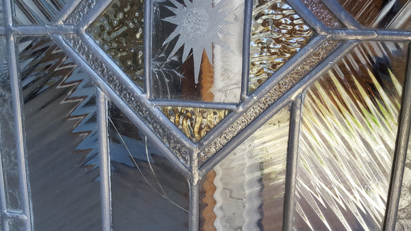 Geometric Textured Leaded Glass Window w/ Starburst Center in Wood Frame #GA9135