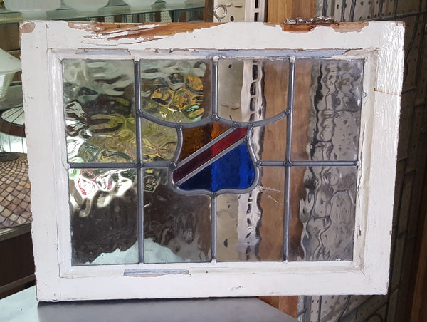 Leaded Textured Glass Window with Stained Center Heraldic Bend 20 3/4" x 15 3/4" #GA9145