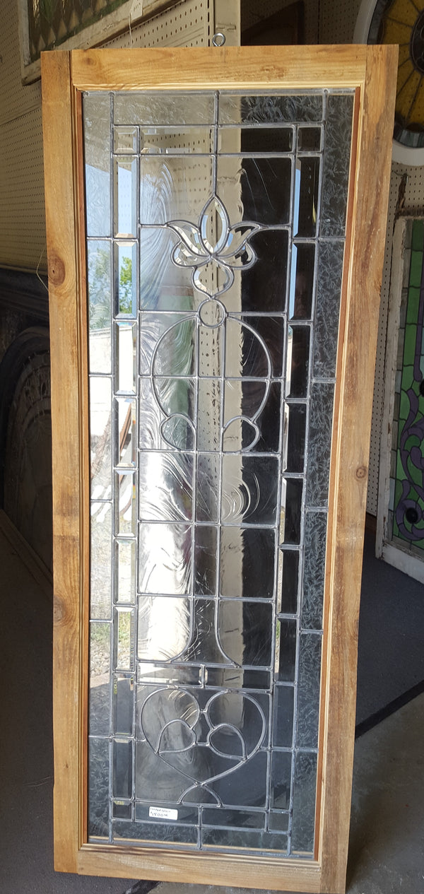 Art Nouveau Textured Leaded Beveled Window in Wood Frame  25 1/2" x 67 3/4" #GA9147