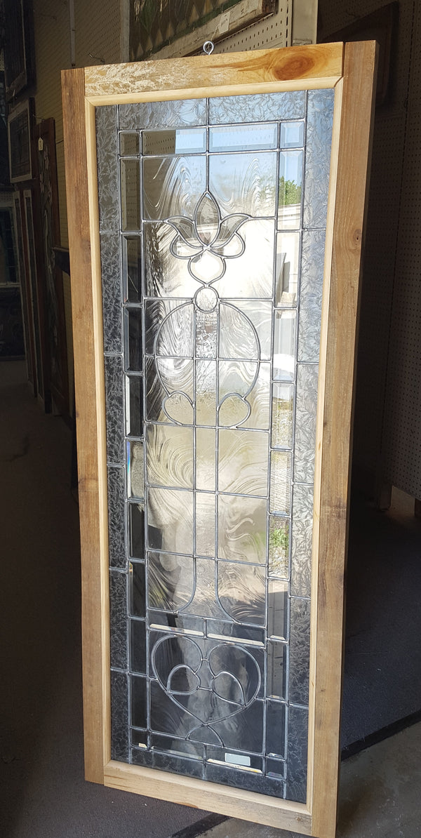 Art Nouveau Textured Leaded Beveled Window in Wood Frame  26" x 67  5/8" #GA9148