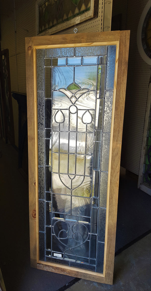 Art Nouveau Textured Leaded Beveled Window in Wood Frame  25 1/4" x 67 1/4" #GA9150
