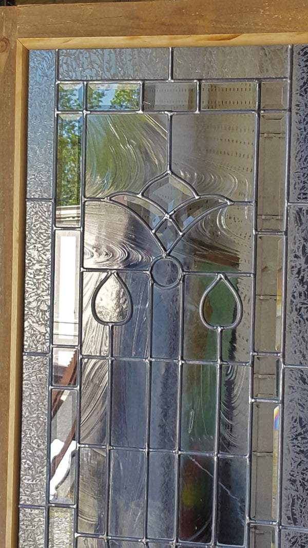 Art Nouveau Textured Leaded Beveled Window in Wood Frame  25 3/4" x 68" #GA9149