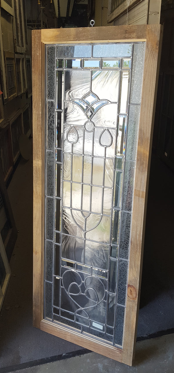 Art Nouveau Textured Leaded Beveled Window in Wood Frame  25 1/4" x 67 1/4" #GA9150