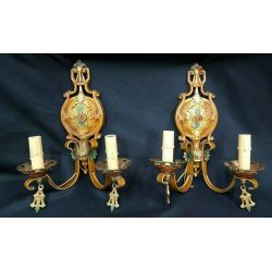 Pair of Ornate Multi Colored Art Deco Cast Iron & Wrought Iron Wall Sconces #GA1012