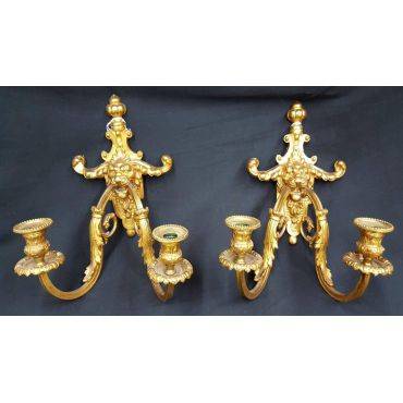 Pair of Solid Brass Ornate Lion's Head Candle Sconces #GA60