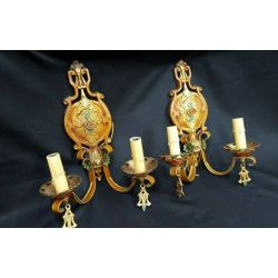 Pair of Ornate Multi Colored Art Deco Cast Iron & Wrought Iron Wall Sconces #GA1012