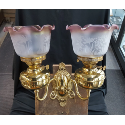 Converted Brass Two Light Sconce With Frosted Etched Ruffled Shades #G2LS